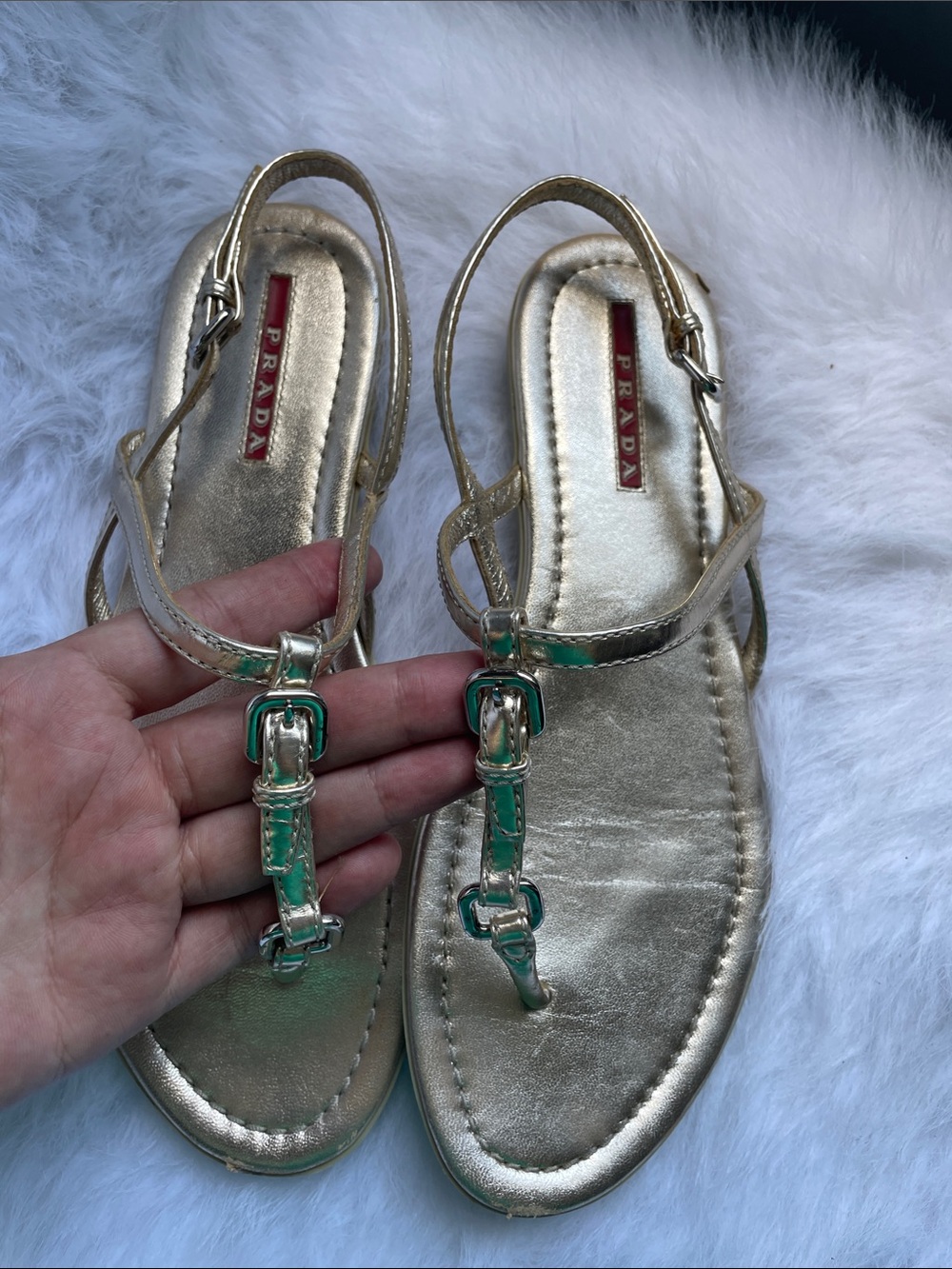 Prada Gold Leather Sandals with Green Accent Buckles